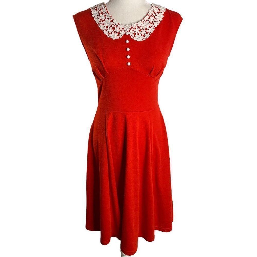Retro Sleeveless Swing Dress S Red Lace Collar Rockabilly Pinup Cupcake